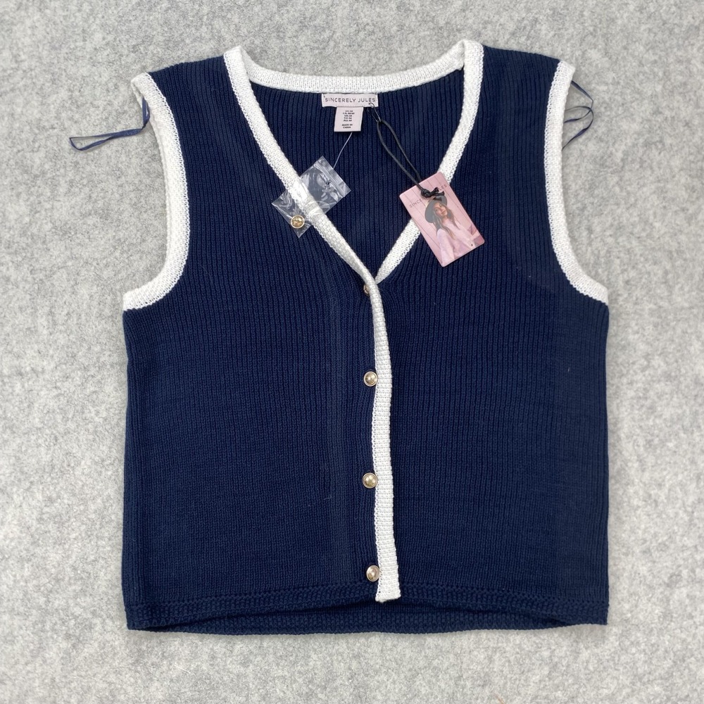 Sincerely Jules Sweater Vest Womens M Blue Cotton Acrylic V Neck Button Knit